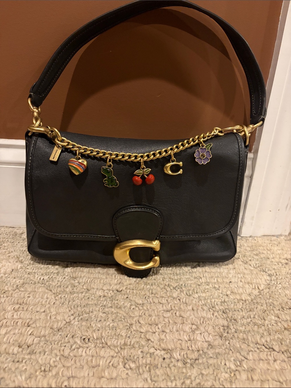 Coach Black Leather Shoulder Bag with Gold Charm Chain